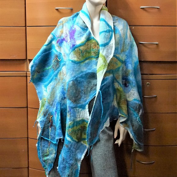 HUGE FELTED WOOL COTTON SHAWL HANDMADE IN EUROPE UNIQUE GIFT - Picture 3 of 8